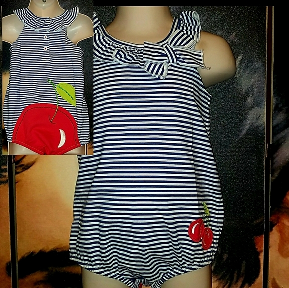 First Impressions Other - RockABilly Girl Blue Stripe Romper w Cherry Bottom